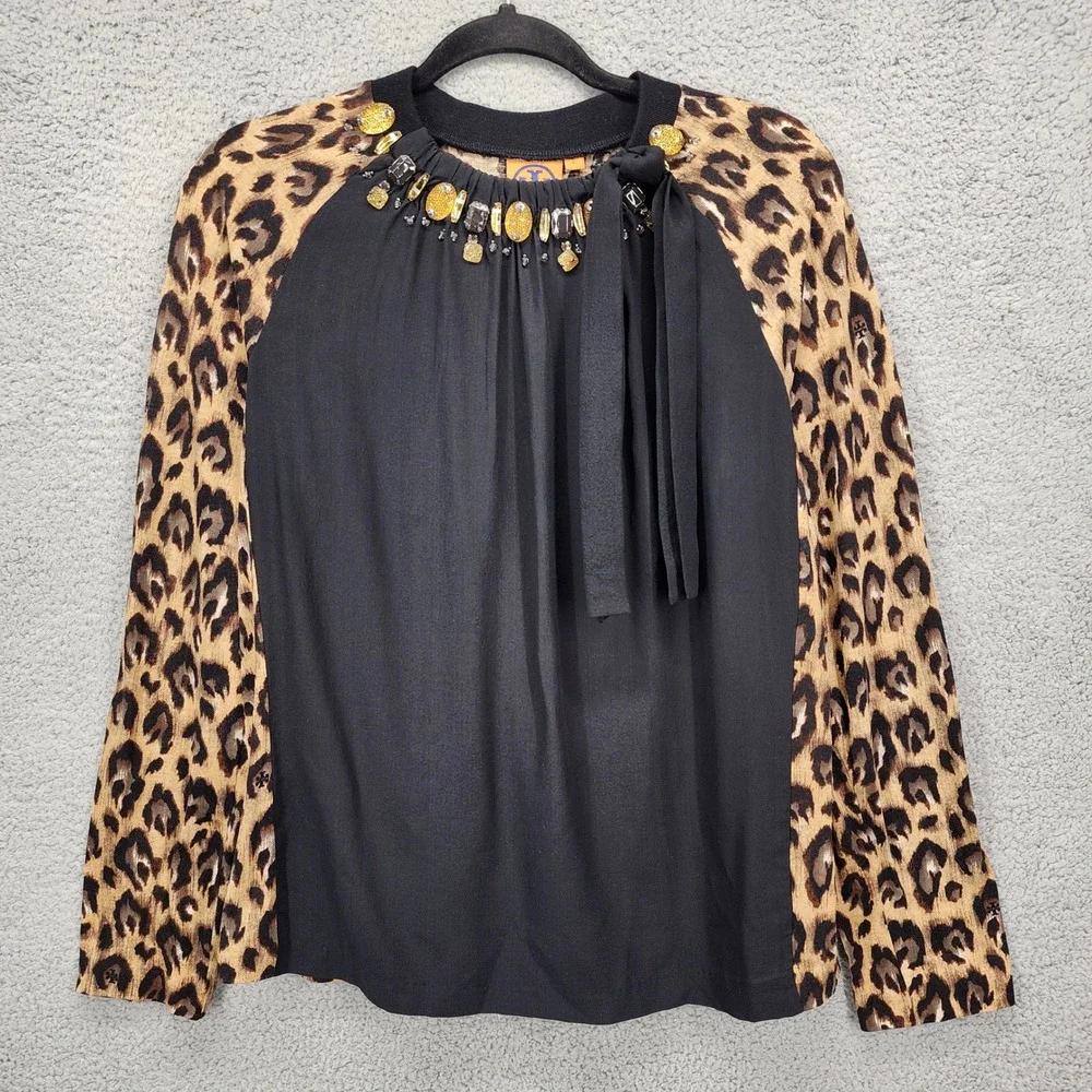 Tory Burch Leopard Print Silk Wool Embellished Tie Neck Top Black Brown Large